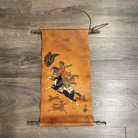 Vintage Persian Leather Wall Scroll Hand Painted  Hunters Horses Archers Deer - Picture 1 of 6